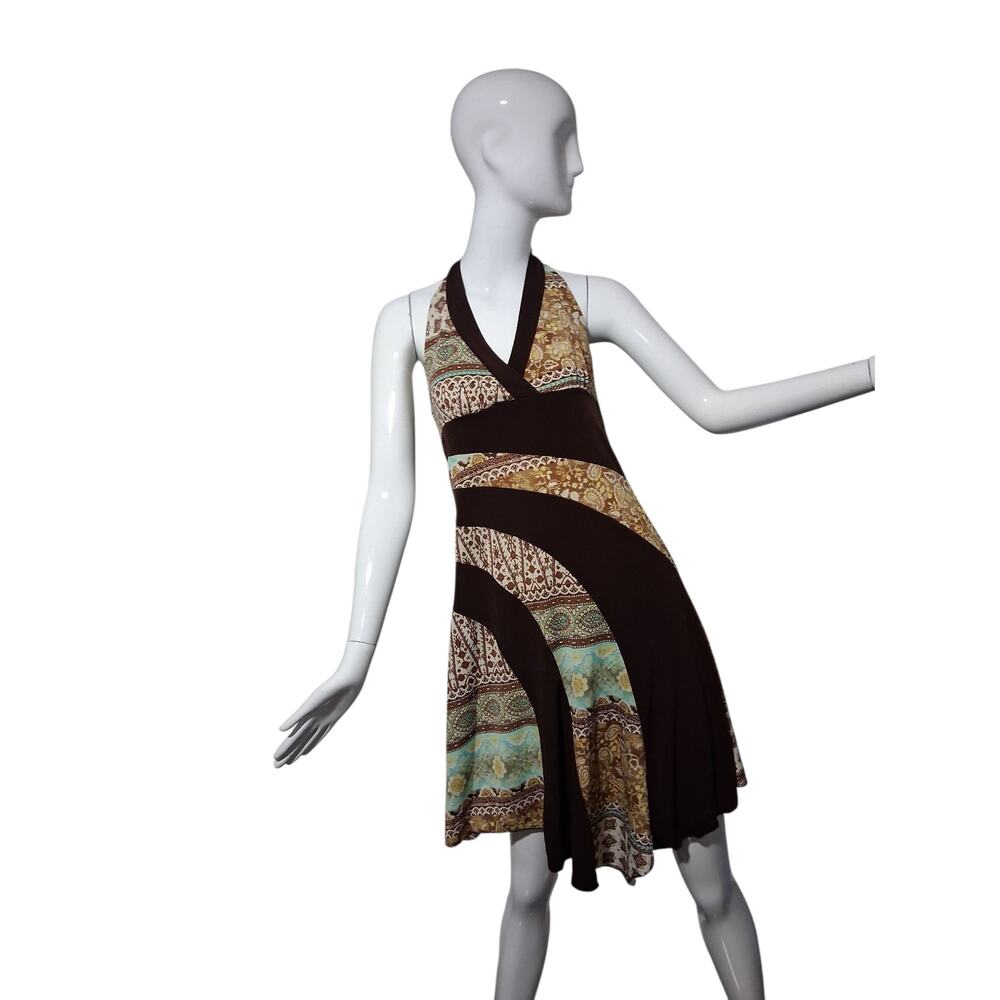Y2K Vintage Outlooks Patchwork Womens size M‎ Asymmetrical Halter Babydoll Dress